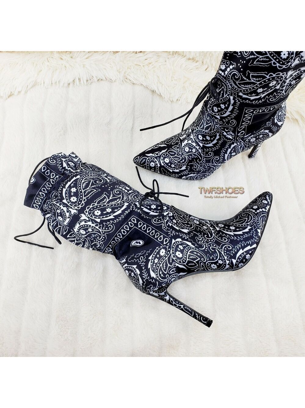 NIB Bandanna Madness Drawstring 4" Stiletto High Heel Mid Calf Boots Black - Picture 11 of 11